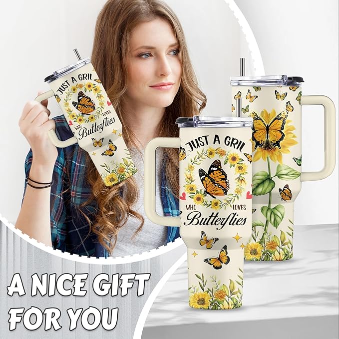 Butterfly Gift, 40 Oz Just a Girl Who Loves Butterflies Tumbler with Handle & Straw, Birthday Gifts for Animal Lovers Women Men, Stainless Steel Yellow Butterfly Tumbler