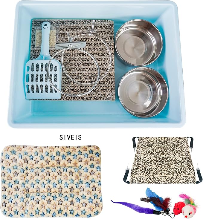 13pcs Kitten Litter Box Starter Kit for Cat Cage Indoor, Kitty Litter Box Low Entry & Cat Litter Scoop, Cat Hammock & Soft Bed Mat,Cat Scratching Pad,Stainelss Steel Food Bowl,Kitten Toys