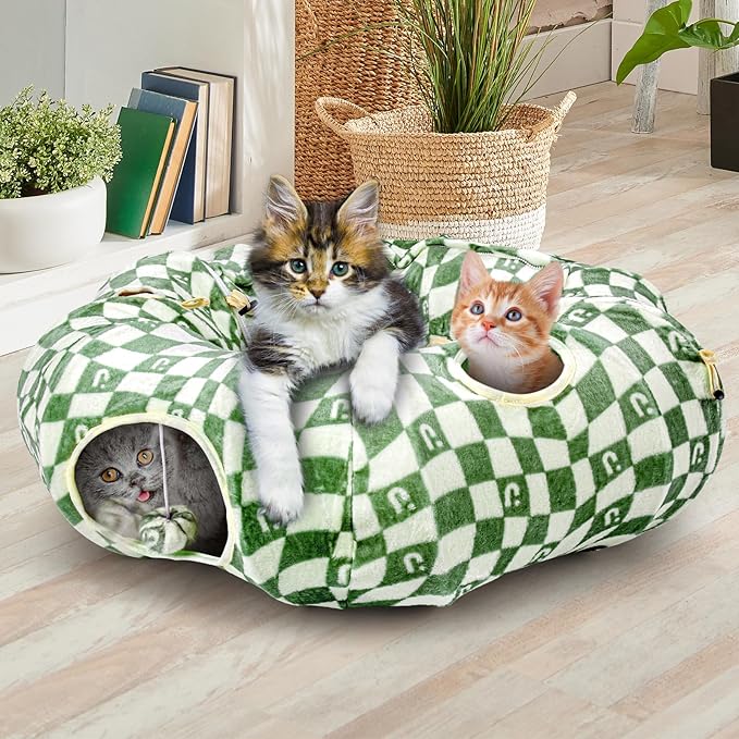 Cat Tunnel Bed for Indoor Cats, Cat Donut Tunnel with Straight Tunnel, Washable Circle Cushion, 4 Hanging Balls and 6 Peek Holes, Collapsible Pet Play Tunnel Toy, Green
