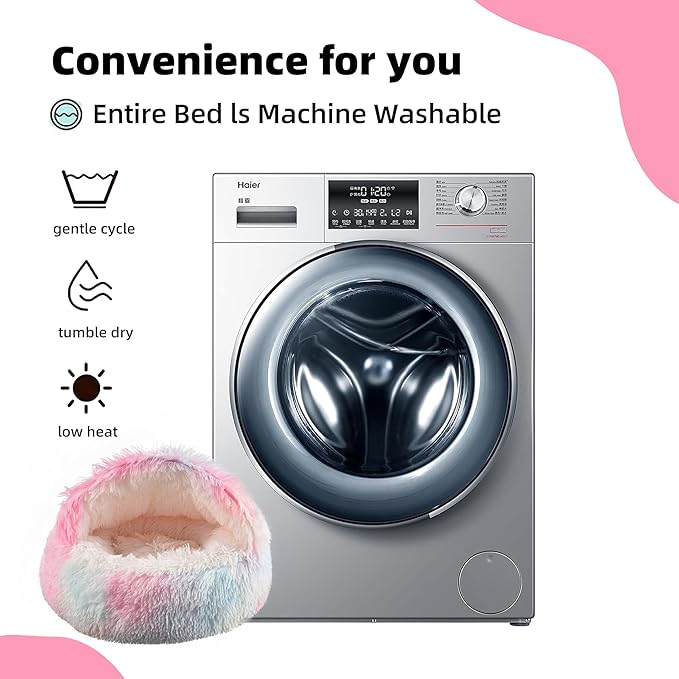 Something Different Cat Bed Round Plush Fluffy Hooded Calming Cat Bed Cave for Dogs&Cats,Self Warming pet Bed with Non-collapsed Cover for Indoor Cats or Small Dogs,Machine Washable,20in,Rainbow