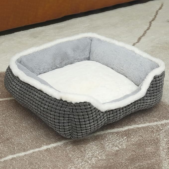 Dog Beds for Small Dogs, Cute Cat Beds for Indoor Cats, Super Soft Washable Cat Bed with Anti-Slip & Water-Resistant Bottom, Luxury Durable Kitten Bed and Puppy Bed, Square Grey Animal Pet Beds