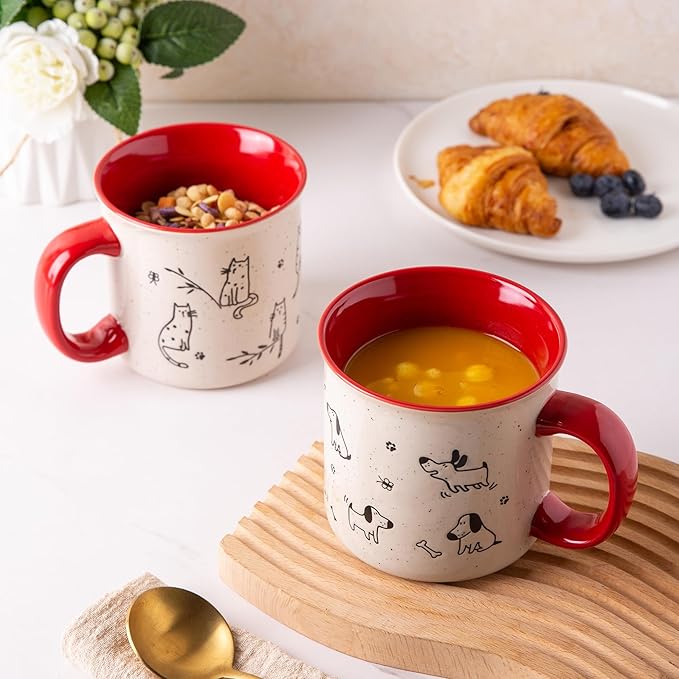 AmorArc 22 OZ Large Ceramic Coffee Mugs Set of 2, Oversized Mugs With Big Handle for Men Women Dad Mom, Big Mug With Textured Dogs Cats Patterns for Office & Home -Microwave Safe, 2 Pcs-Red