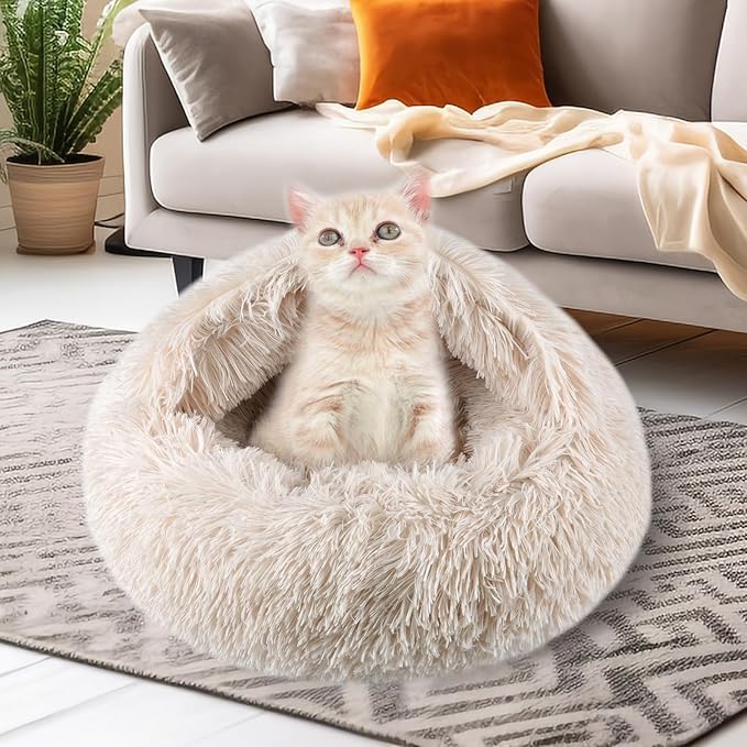 Calming Dog Beds & Cat Cave Bed with Hooded Cover,Washable Round Beds for Small Medium Pets,Anti-Slip Faux Fur Fluffy Coved Bed,Comfortable Warming Pet Bed(20 * 20inch,Beige)