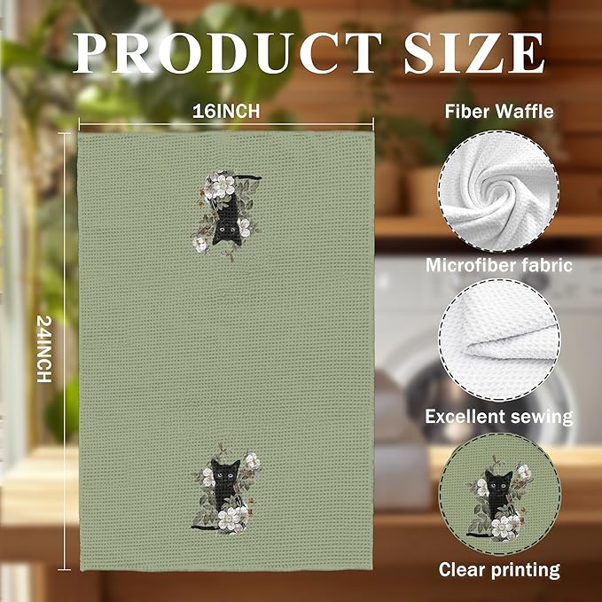Black Cat Gifts Kitchen Dish Towels Hand Towels for Bathroom Kitchen Decor, Gifts for Cat Mom Lover and Women,16x24 Inch(Green)