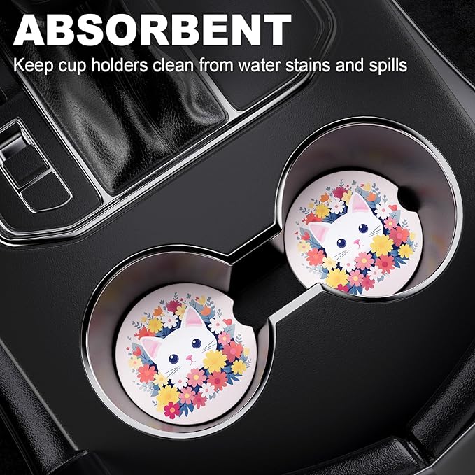 2 Pack Car Cup Holder Coasters, 2.63 inch Anti Slip Insert Absorbent Ceramic Coasters with Cork Base and Finger Notch, Cute Car Accessories Interior for Women