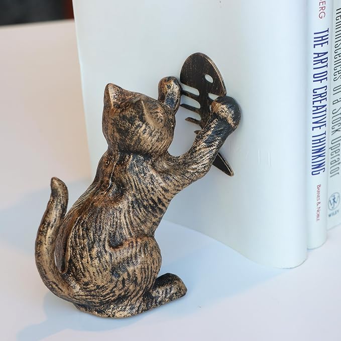 Book Ends Decorative Vintage Bronze Cat Book Holders, Antique Bookends for Heavy Books, Unique for Cat Lovers, Cast Iron Book Stopper