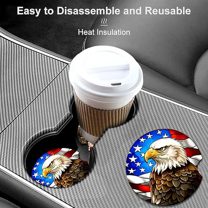 Car Coasters for Cup Holders,2 Pack US Flag and Bald Eagle Car Coasters,2.75" Universal Size Anti Slip Rubber Mat,Automotive Cup Holder Decor Accessories,US Flag Gifts for Women,Men,Mom