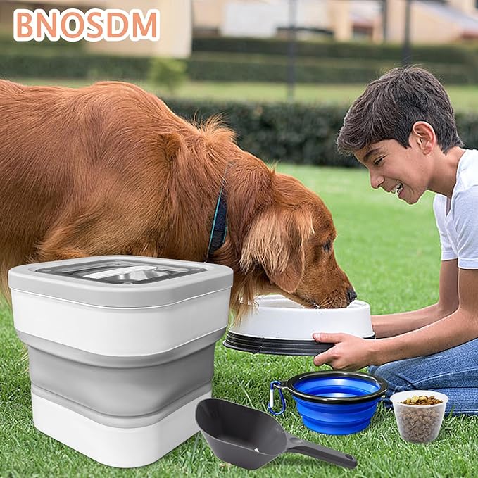 BNOSDM Collapsible Dog Food Storage Container, 5-13 Lbs Cat Food Bin Pet Storage Container with Magnetic Lid, Folding Bowl, Scoop and Measuring Cup for Dog Cat Pet Dry Food