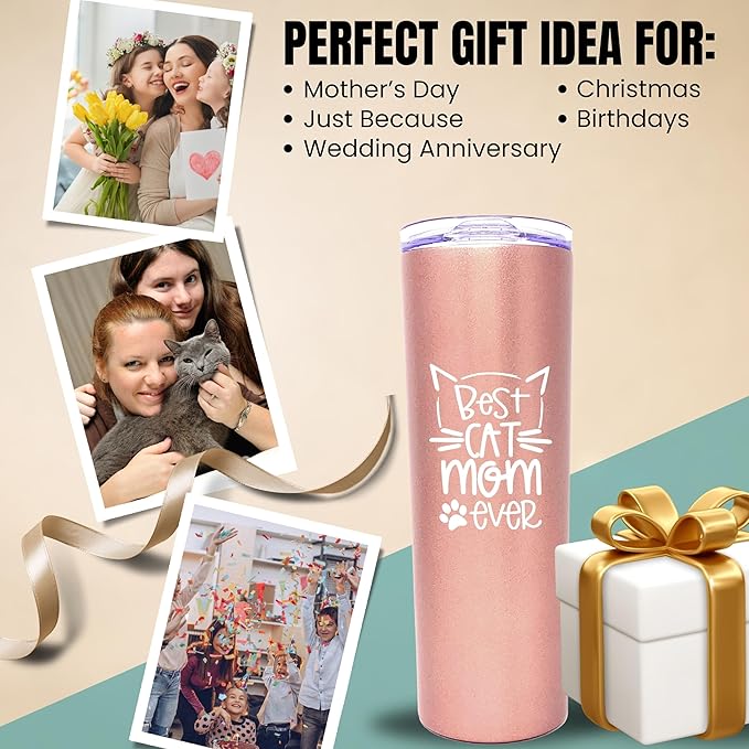 Brooke & Jess Designs Cat Tumbler - 20 oz Funny Cat Mom Gifts for Women - Insulated Mug for Coffee or Tea - Perfect for Christmas, Birthdays, Mother's Day