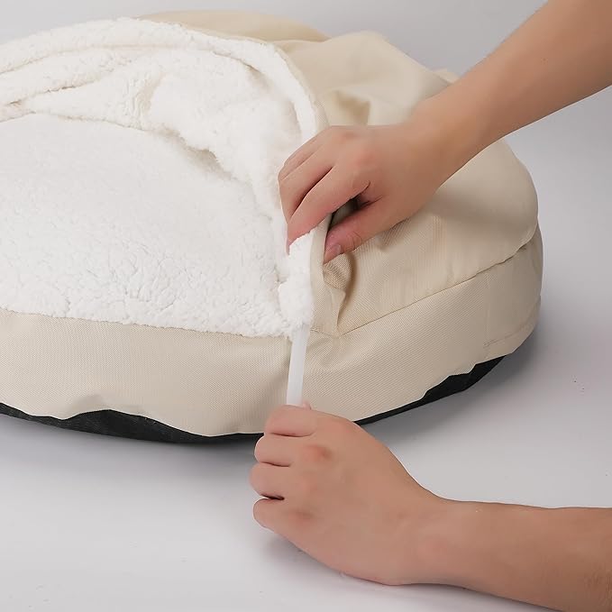 Long Rich Durable Oxford to Sherpa Pet Cave and Round Pet Bed, 25", with Removable Insert Khaki Color, by Happycare Textiles