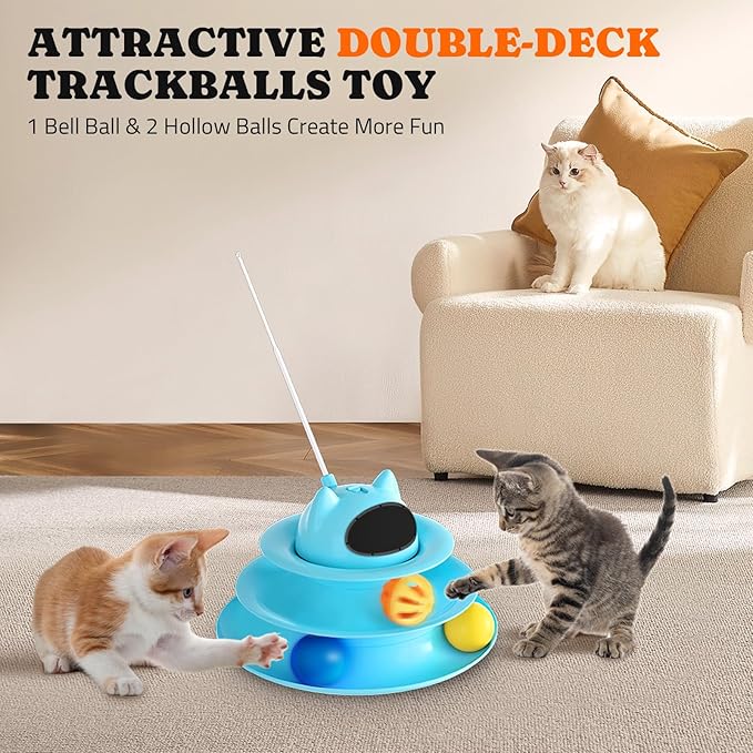 Interactive Cat Toy: 5 in 1 Automatic Cat Toy for Indoor Cats, USB Rechargeable Hide and Seek Toy with PVC Cover, Rotating Feather toys, Battery Operated Kitten Laser Toy with Multi Accessories, Blue