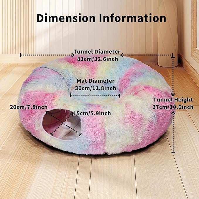 Cat Tunnel Bed for Indoor Cats with Washable Cushion Cat Cave Donut Tunnel with Fluffy Ball Big Round Tube Pet Playground Toys Soft Plush Peekaboo for Kitten, Cat, Puppy, Rabbit, Ferret