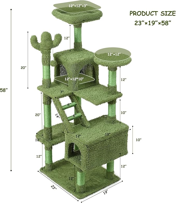 Mile High Life | Multi-Level Cat Tree Condo 58" for Large Cats | Hammock and Cactus Scratching Posts Tree for Kittens | Tall Cat Climbing Stand with Cute Hanging Ball & Toys for Play Houses