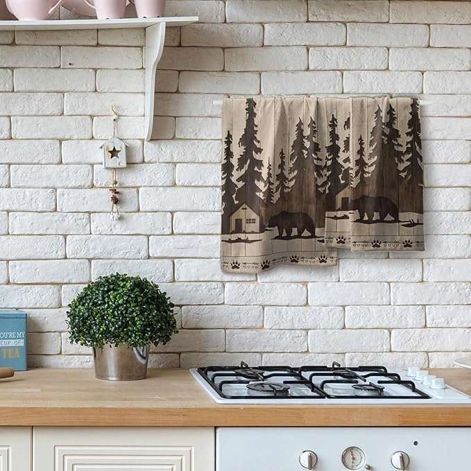 Brown Bear Hand Towels Forest Cabin Bath Fingertip Towels Set of 2 Soft Guest Face Towel Bathroom Decoration Thin Kitchen Tea Dish Towels