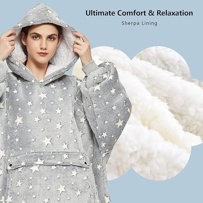 KFUBUO Wearable Blanket Hoodie for Adults Sherpa Glow in The Dark Oversized Sweatshirt Blanket with Pockets Cute Birthday Gifts for Women