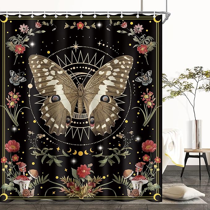 Black Red Moth Mushroom Flower Shower Curtain Sets for Bathroom 60Wx72H Wichy Boho Shower Curtain Gothic Polyester Bathtub Curtain Plant Butterfly Floral Bathroom Decor with 12 Hooks