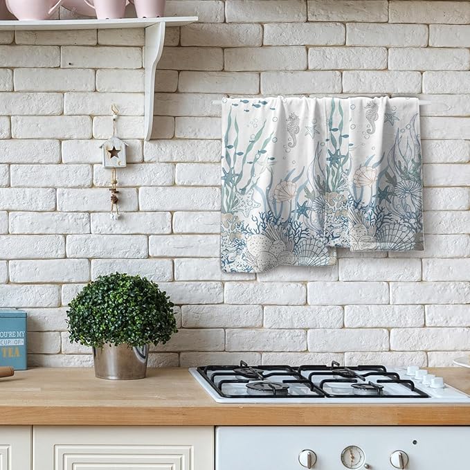 Nautical Coastal Hand Towels Set of 2 Coral Seahorse Decorative Fingertip Face Towels Kitchen Dishcloth for Bathroom Hotel Spa Decor Gift