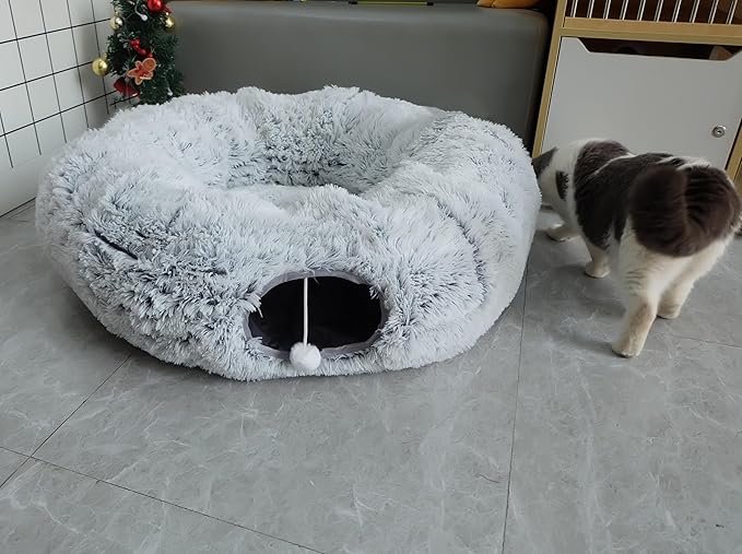 Plush Cat Tunnel Bed with Central Mat for Indoor Cat Kitten Puppy Rabbit,Under Christmas Tree Soft Plush Cat Play Tunnel, Peephole and Hanging Ball