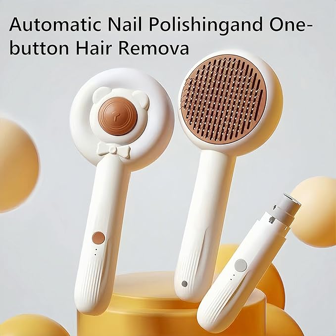 BowBow 2 in 1 Cat Brush and Nail Grinder, Rechargeable Self-Cleaning Slicker Cat/Dog Grooming Brush for Pets with Long Or Short Hair, Hair Remover & Pet Nail Grinder for Dog and Cat for Pet Grooming