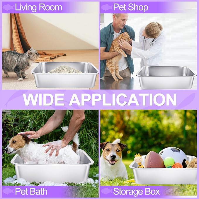 3PStainless Steel Cat Litter Boxes Extra Large Metal Litter Boxes Sturdy Kitty Cat Litter Pans for Pets No Smell, Non Stick, Smooth Surface, Easy to Clean (M, 17.7" L x 14" W x 6" H)