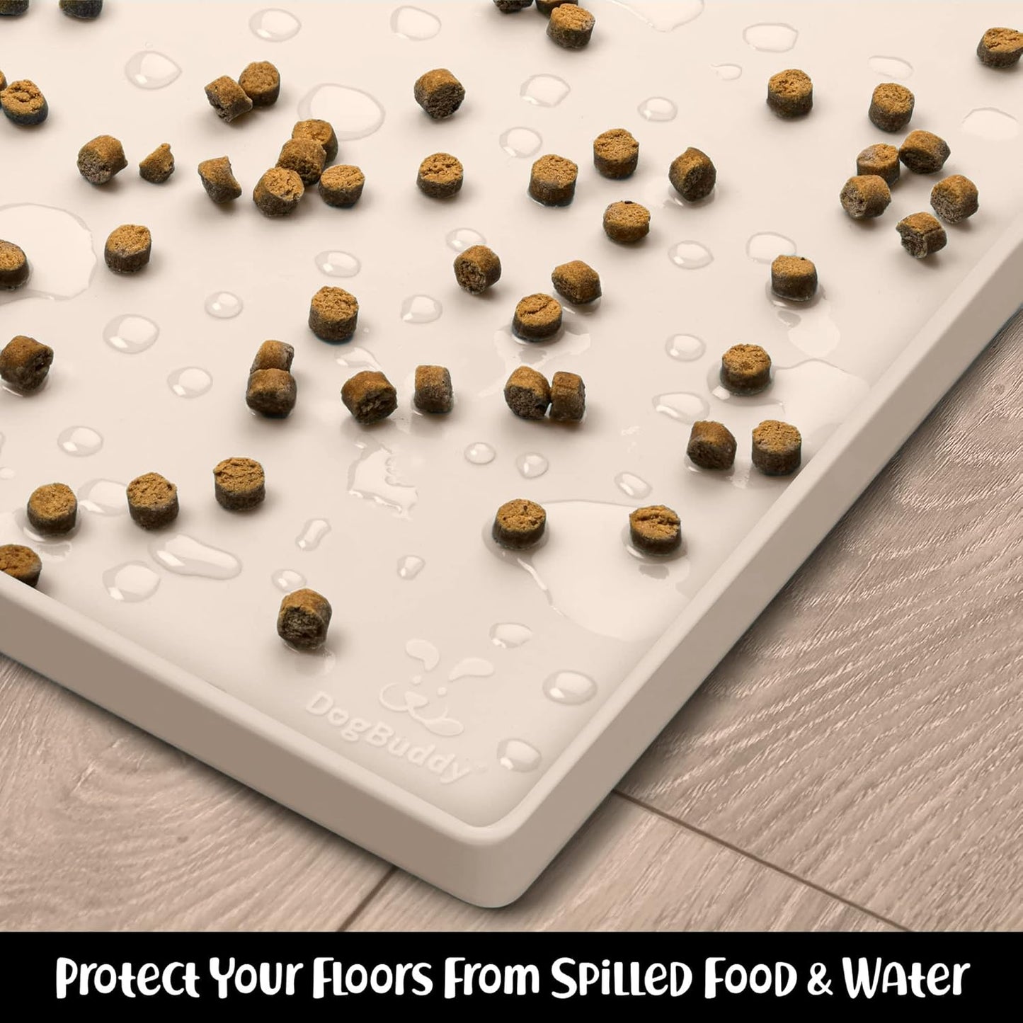 DogBuddy Dog Food Mat – Waterproof Dog Bowl Mat for Food and Water, Silicone Pet Feeding Mats for Floors, Non-Slip Placemat with High Edges for Dogs Bowls, Puppy Essentials (XL: 28" x 18", Vanilla)