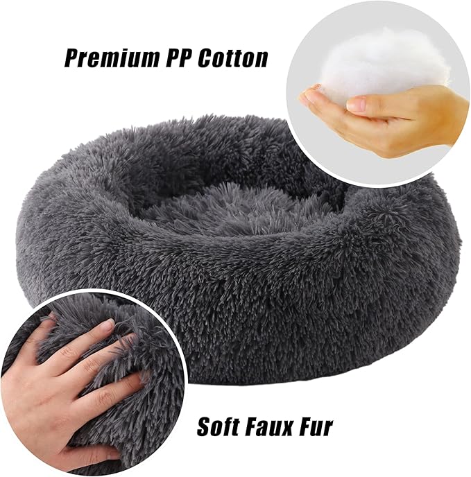 Calming Dog Bed, Dog Beds Fits up to 5 lbs Pets, Fluffy Donut Dog & Cat Bed Washable, Round Anti Anxiety Dog Bed, Small Dog Bed with Non-Slip Bottom (Dark Grey, 17" x 17")