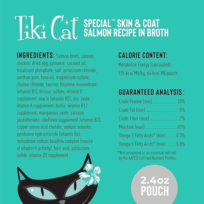 Tiki Cat Special Skin & Coat Mousse, Salmon Recipe, Specially Formulated with Omega Fatty Acids, Functional Wet Cat Food for Adult Cats, 2.4 oz. Pouch (Pack of 12)