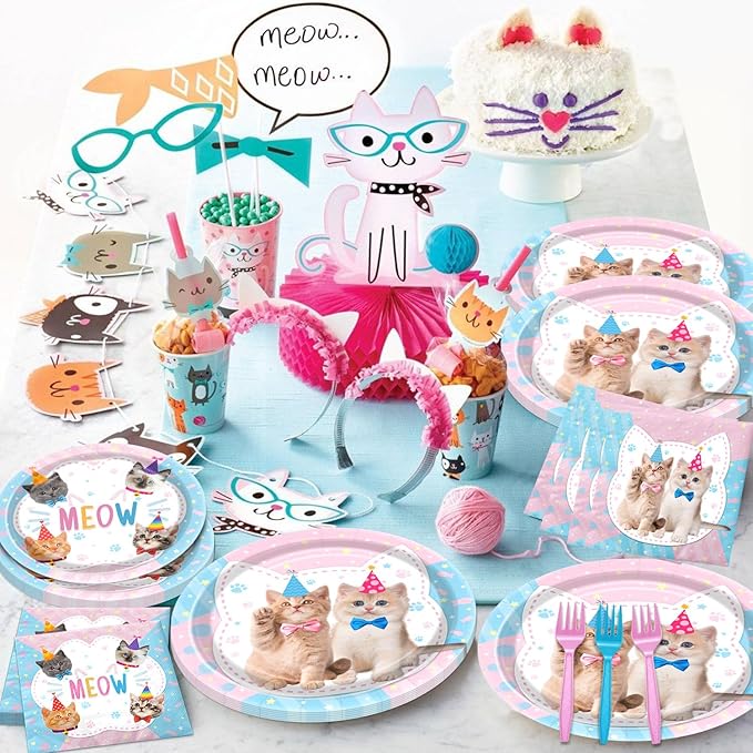 96PCS Cat Party Decorations Kitten Birthday Tableware Cat Paper Plates Meow Plates Napkins Dinnerware for Pet Kitten Baby Shower Party Supplies, Serves 24