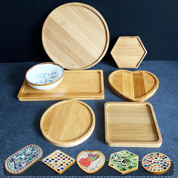4PCS Mosaic Bamboo Coasters for Crafts, Blank Base Trays, Drinking Cup Coaster, Plant Coaster, Art Plate,DIY Mosaic Supplies (Round L)