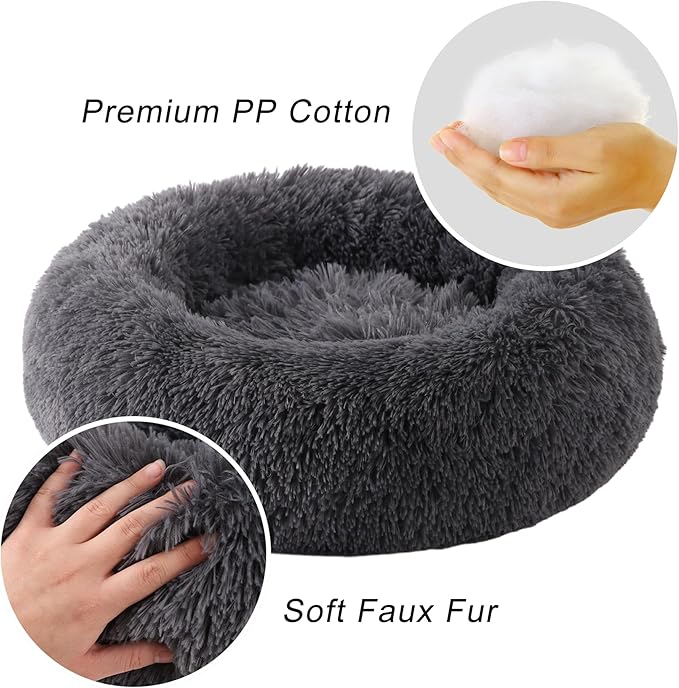 Calming Dog Bed, Dog Beds Fits up to 80 lbs Pets, Fluffy Donut Dog & Cat Bed Washable, Round Anti Anxiety Dog Bed, Small Dog Bed with Non-Slip Bottom (Dark Grey, 36" x 36")