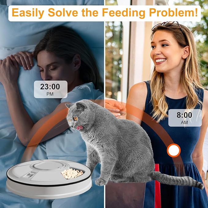 Automatic Cat Feeder Wet Food/Dry Food, 6 Meal Timed Pet Feeder Easily Programmable &Easy to Clean, Auto Feeder for Cats/Small Dogs(Black)