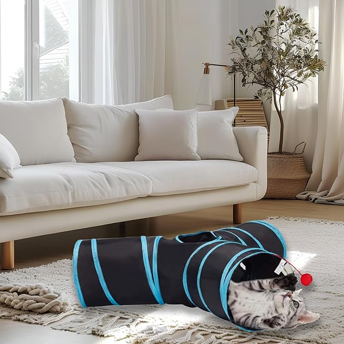 3 Way Cat Tunnel and Tube, Cat Tunnels for Indoor and Outdoor Cats, Collapsible Cat Tunnels with Peek Hole for Cat, Puppy, Kitty, Rabbit, Puppy (Y-Shaped Black-Blue)