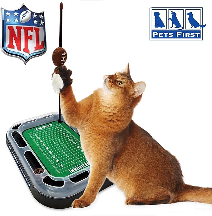 CAT BALL BELL TOY NFL New England Patriots Football Field CAT Scratcher Toy with Catnip Filled Plush Football Toy&Feather Cat Toy Hanging,&Jingle Bell Interactive Ball Cat Chasing 5-in-1 Kitty Toy