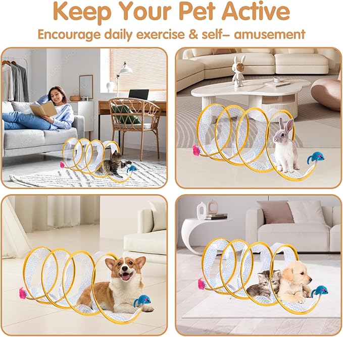 Abnaok Folded Tunnel Cat Toys, Interactive Indoor Cat Tunnels, Safe and Durable, Portable and Foldable, S-typed Spring Design