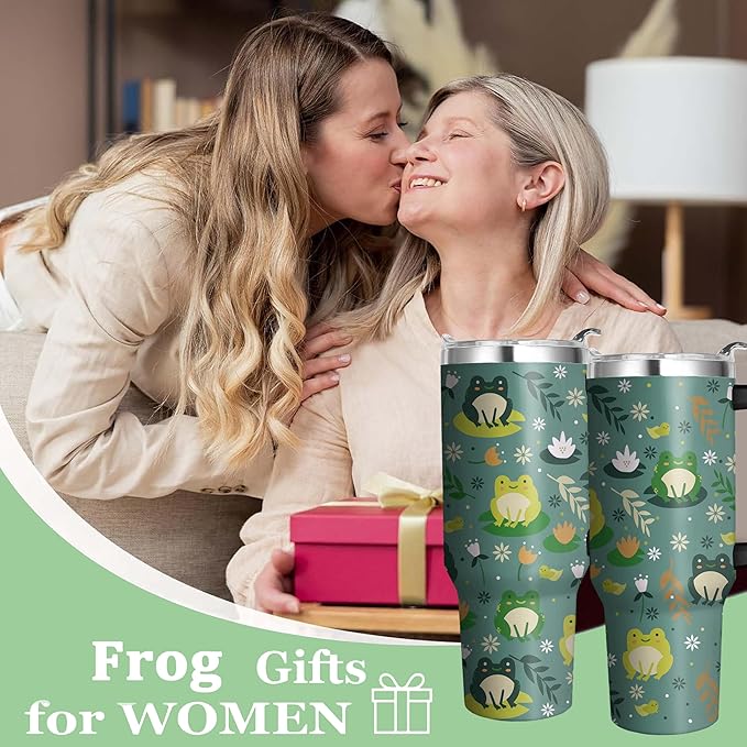 40 Oz Double Wall Frog Tumbler with Handle, Straw and Insulated Leak Proof Mug | Frog Gift for Women & Lovers