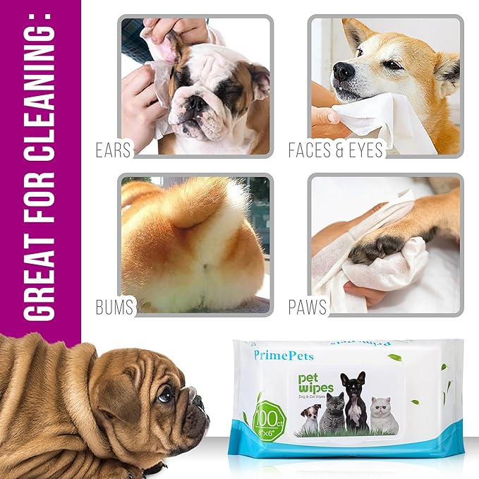 PrimePets Dog Grooming Wipes, 600 Count, 6x8 Inch Deodorizing Wipes for Dogs & Cats, 100% Fragrance Free, Natural Pet Wipes for Cleaning Face Bum Eyes Ears Paws Teeth, Dog Wipes