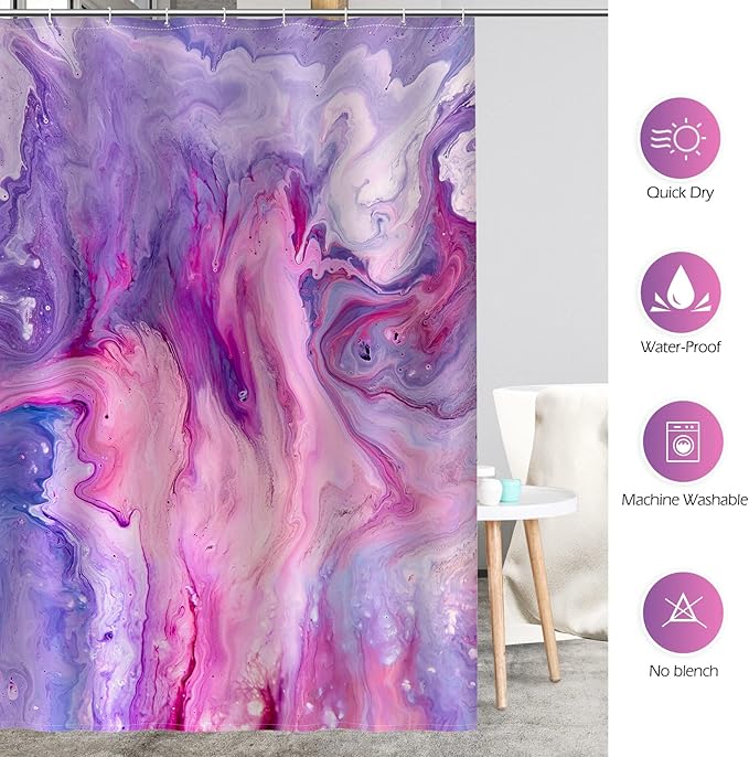 Aimego Long Purple Shower Curtain - Purple Pink Tie Dye Marble Lavender Abstract Modern Fabric Cloth Bath Shower Curtain Set with 12 Hooks Bathroom Decor Accessories Bathtub Curtain, 72"x78"