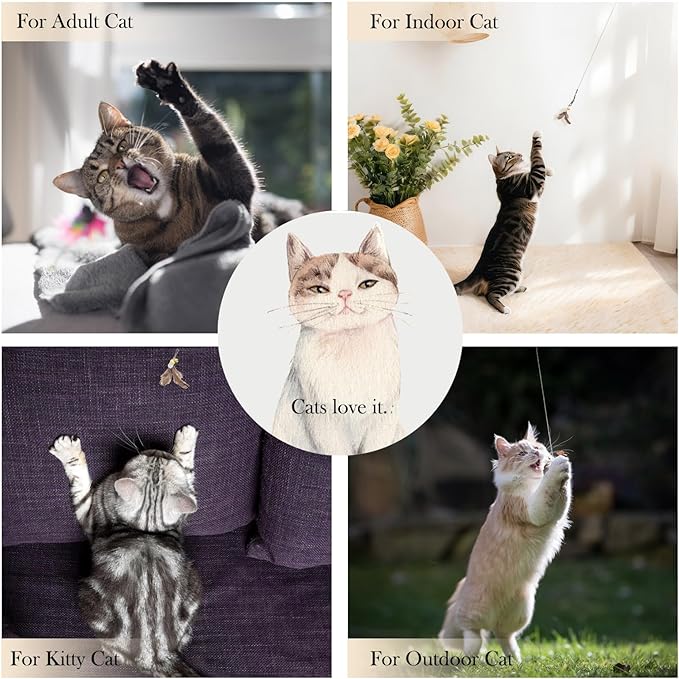 Cat Fishing Pole Toy, Cat Wand Toy,Metal Retractable Teaser Wand Fishing Rod with Wood Handle, 6 Feathers Replacement Attachments with Bells, for Kittens