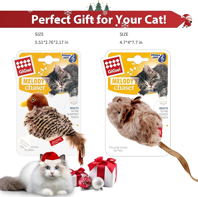 PETGEEK GiGwi Chirping Bird Cat Toys 2 Pcs - Melody Chaser Realistic Bird & Mouse Plush Toy - Hangable Design Best Gift for Birthday, Thanksgiving, Christmas, New Year (Bird Mouse Set)