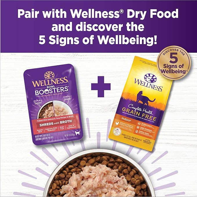 Wellness Bowl Boosters Grain Free Wet Cat Food Topper, Flaked Salmon & Tuna Recipe in Broth, 1.75 Ounce Pouches (Pack of 12)