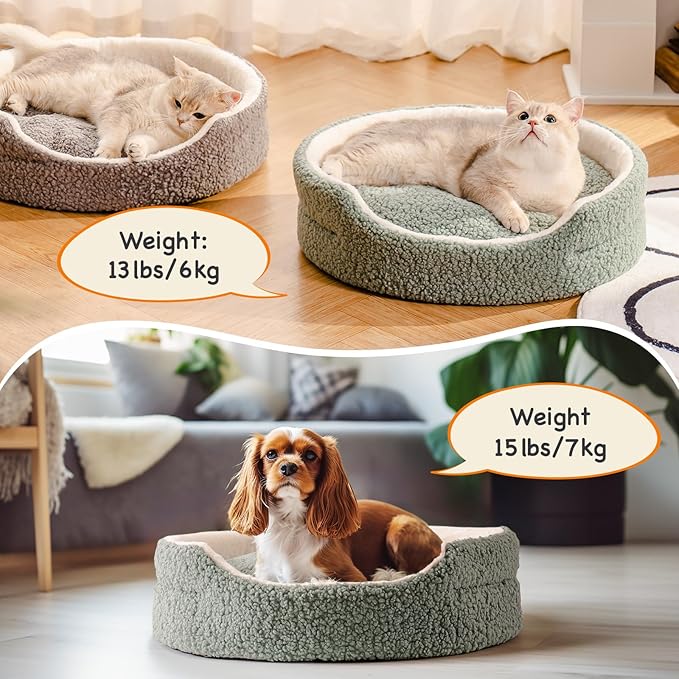 Mewoo Cat Beds for Indoor Cats - Round Dog Beds for Small Dogs, Washable Pet Bed for Kitten and Puppy with Non-Slip Bottom (Sage Green, 23.0" L X 23.0" W X 7.0" Th)