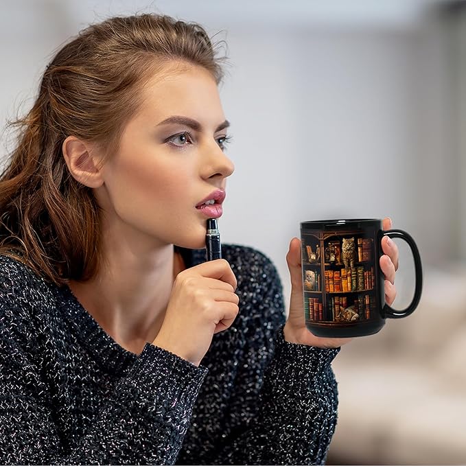 2IMT Cat Book Mug Book Lovers Gifts for Readers - Book Lover Bookish Gifts for Bookworm Women - Library Bookshelf Mug - Best Gift for Cat Lover - Reading Writer Women Black Coffee Cup 15oz