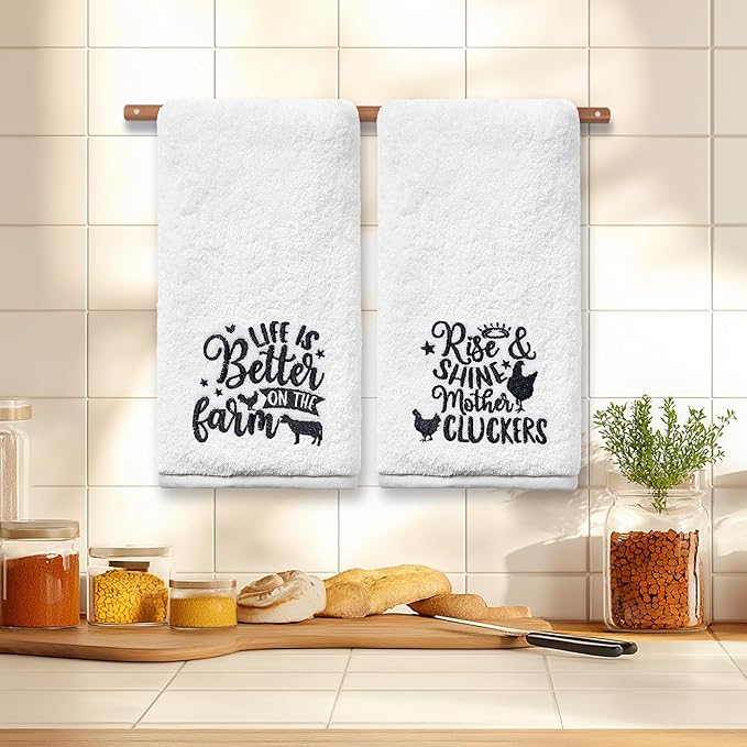 Farm Animal Hand Towels for Bathroom, Farmhouse Rooster Cow Decor Embroidered Dish Towels, Farmhouse Decor Gifts Decorative New Home Tea Hand Towels, 100% Cotton Soft Towels for Kitchen 14x30 Inches