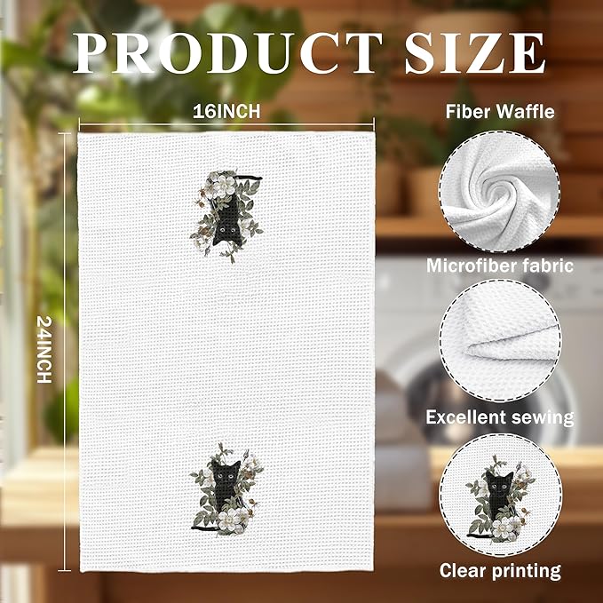 Black Cat Kitchen Towels, Floral Cat Hand Towels for Bathroom, Cat Dish Towels for Kitchen, Cat Towels for Cat Lovers, Black Cat Gifts, Cat Mom Gifts, Black Cat Decor, 16x24 Inch
