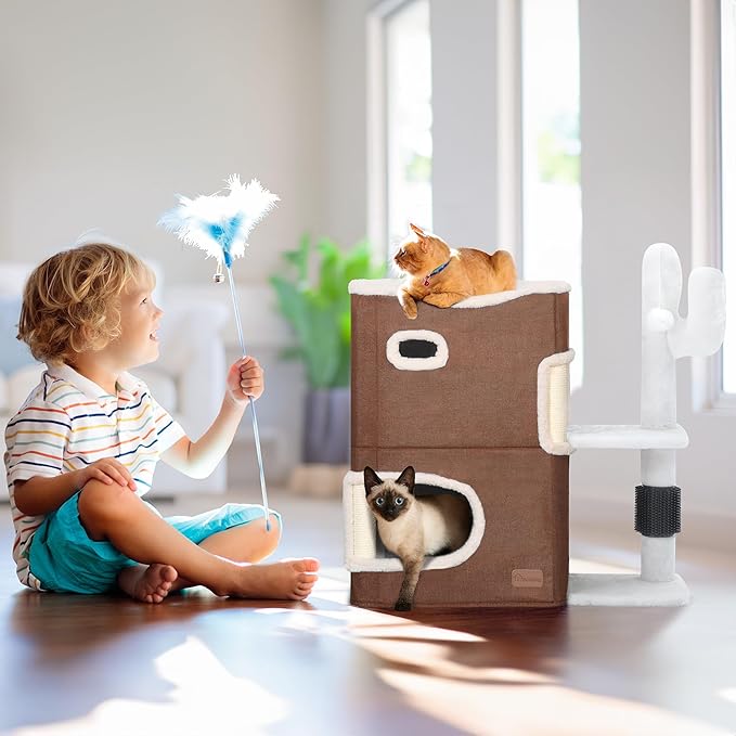 YIATHOME 2-Tier Cat House, Cat Beds for Indoor Cats, Small Cat Condo with Highway Cave, Scratch & Itching Post, Clmibing Stand, Modern Cat Cube Playhouse for Multi Kittens, Brown