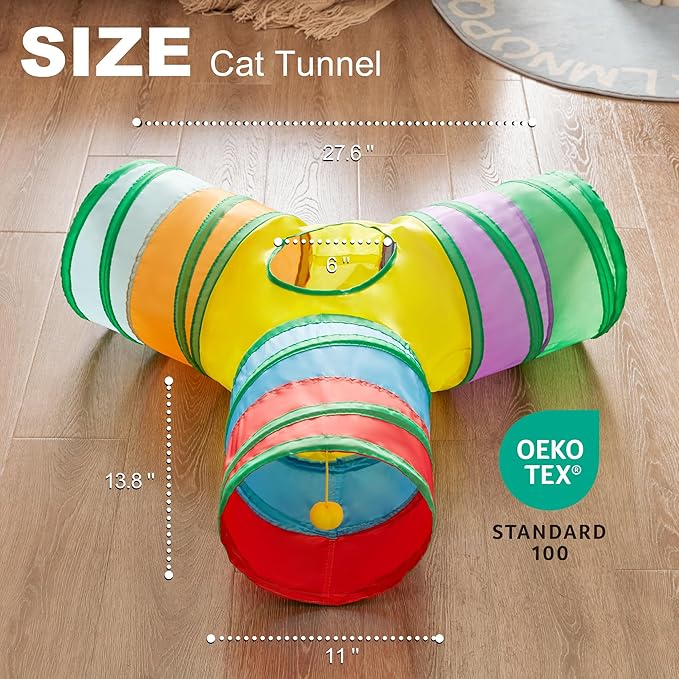 Love's cabin Cat Tunnel Tube Cat Toys 3 Way Collapsible, Cat Tunnels for Indoor Cats,Kitten Tunnel Bored Cat Play Tunnel with Peek Hole Toy Ball for Cat, Kitty, Kitten, Rabbit, Puppy Rainbow