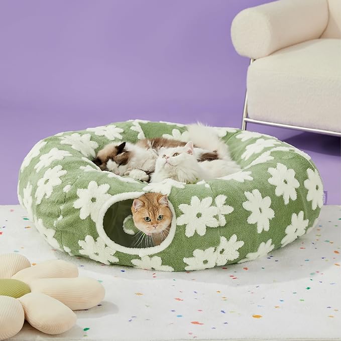 Lesure Large Cat Tunnel Bed for Indoor Cats - Cute Cat Donut Tunnel with Washable Circle Cushion, Round Pet Play Tunnel Toy for Kitten/Puppy/Rabbit,Green