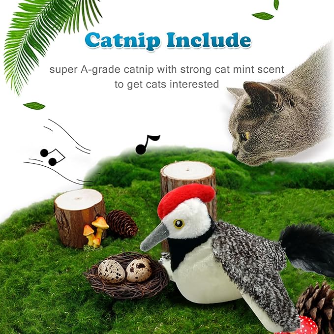 LEWISER Woodpecker Cat Toys, Rechargeable Simulation Bird Cat Toy, Flapping Wings and Lively Chirping, Interactive Catnip Toys for Kitten Kitty Exercise, Touch Activated