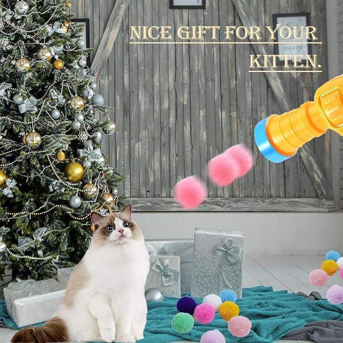 Cat Toy Ball Launcher, 100PCS 1.18 inch Plush Pompom Balls and 1 Cat Ball Toy Launcher, Interactive Kitten Toys for Indoor Cats, Colorful Soft Cat Balls, Great for Training, Play and Hunting