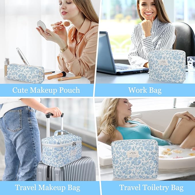 3pc Makeup Bag Set, Quilted Makeup Bag Set, Large Floral Cosmetic Bag for Women, Cute Cotton Makeup Bags, Flower Travel Toiletry Organizer Bag (Green Leaves Blue Flowers)